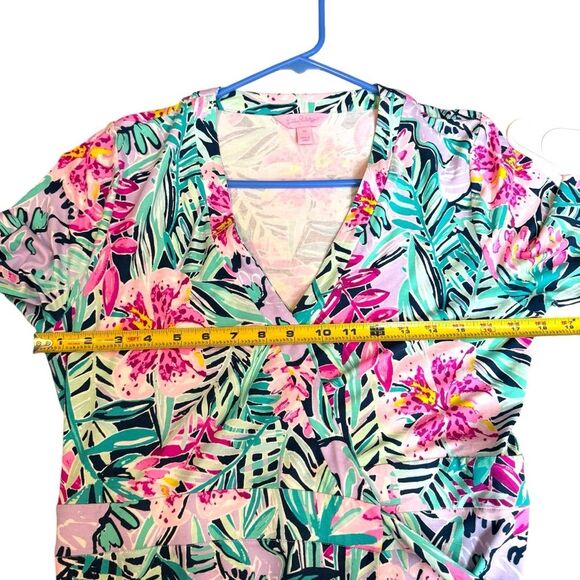 Lilly Pulitzer M Rosaline Wrap‎ Dress Tropical Floral Aqua Purple Asymmetrical - Picture 10 of 10